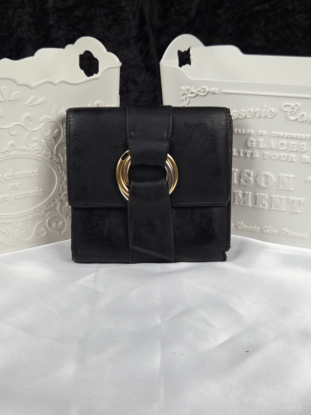 Authentic Cartier Black Leather Tri-Fold Wallet Gold Logo Vintage